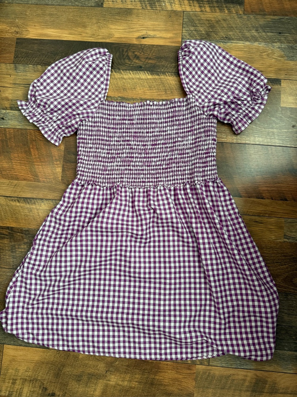 French connection ' Purple Gingham Puff-Sleeve Smocked Dress